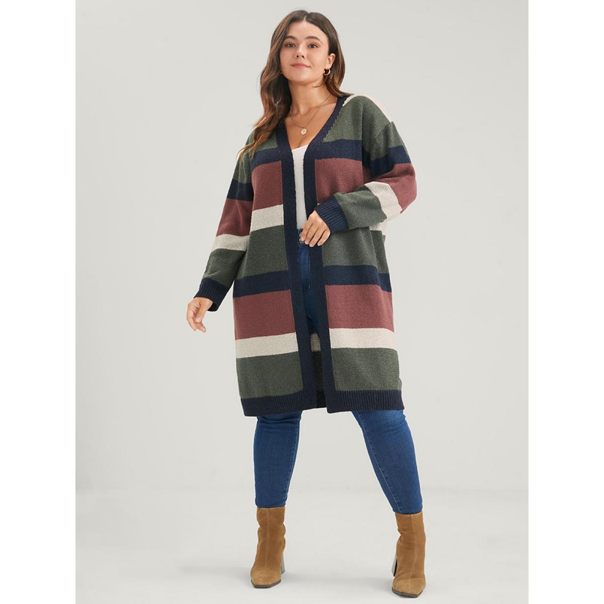 Plus Size Colorblock Contrast Pointelle Knit Heather Open Front Long Cardigan Multicolor Women Casual Loose Long Sleeve Dailywear Cardigans BloomChic 18-20/2X Product Image