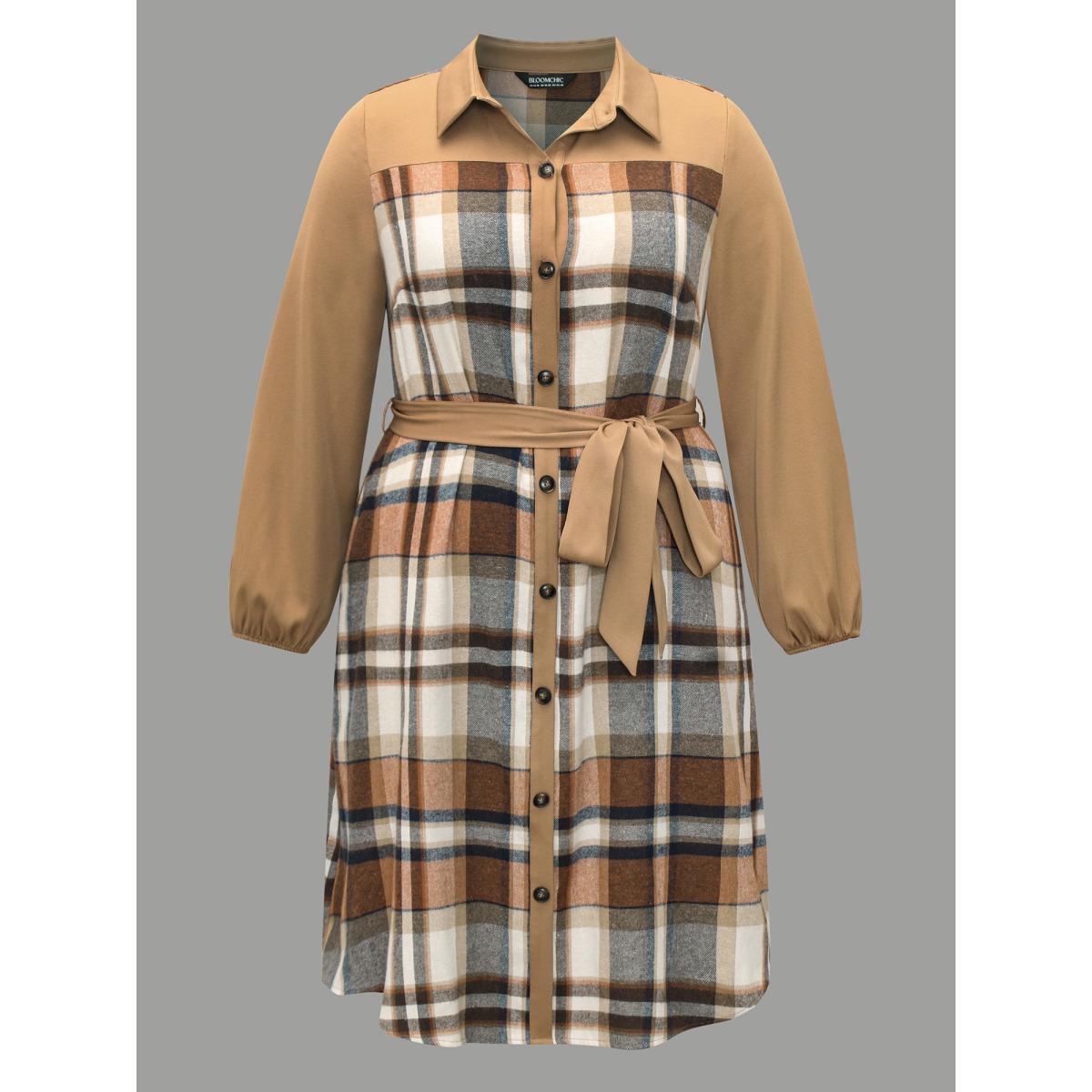 Plus Size Shirt Collar Plaid Patchwork Belted Dress Bronze Women Casual Belted Shirt collar Long Sleeve Curvy BloomChic 10/M Product Image