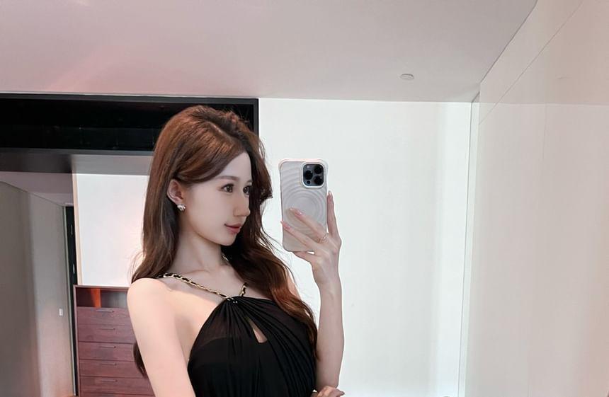 Spaghetti Strap Plain Ruched Panel Mesh Mini A-Line Dress Product Image