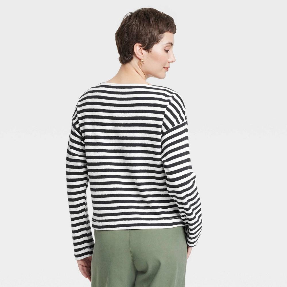 Women's Long Sleeve Boat Neck T-Shirt - Universal Thread™ Navy Blue Striped XS: Midweight Terry Fabric, Pullover Style Product Image