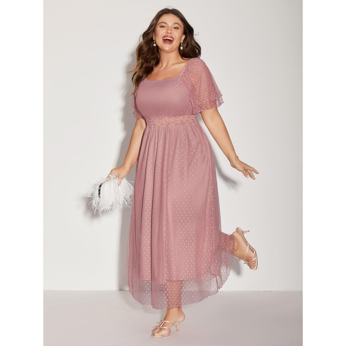 Plus Size Textured Dot Lace Trim Midi Dress Watermelon Women Square Neck Short sleeve Curvy BloomChic 12/L Product Image