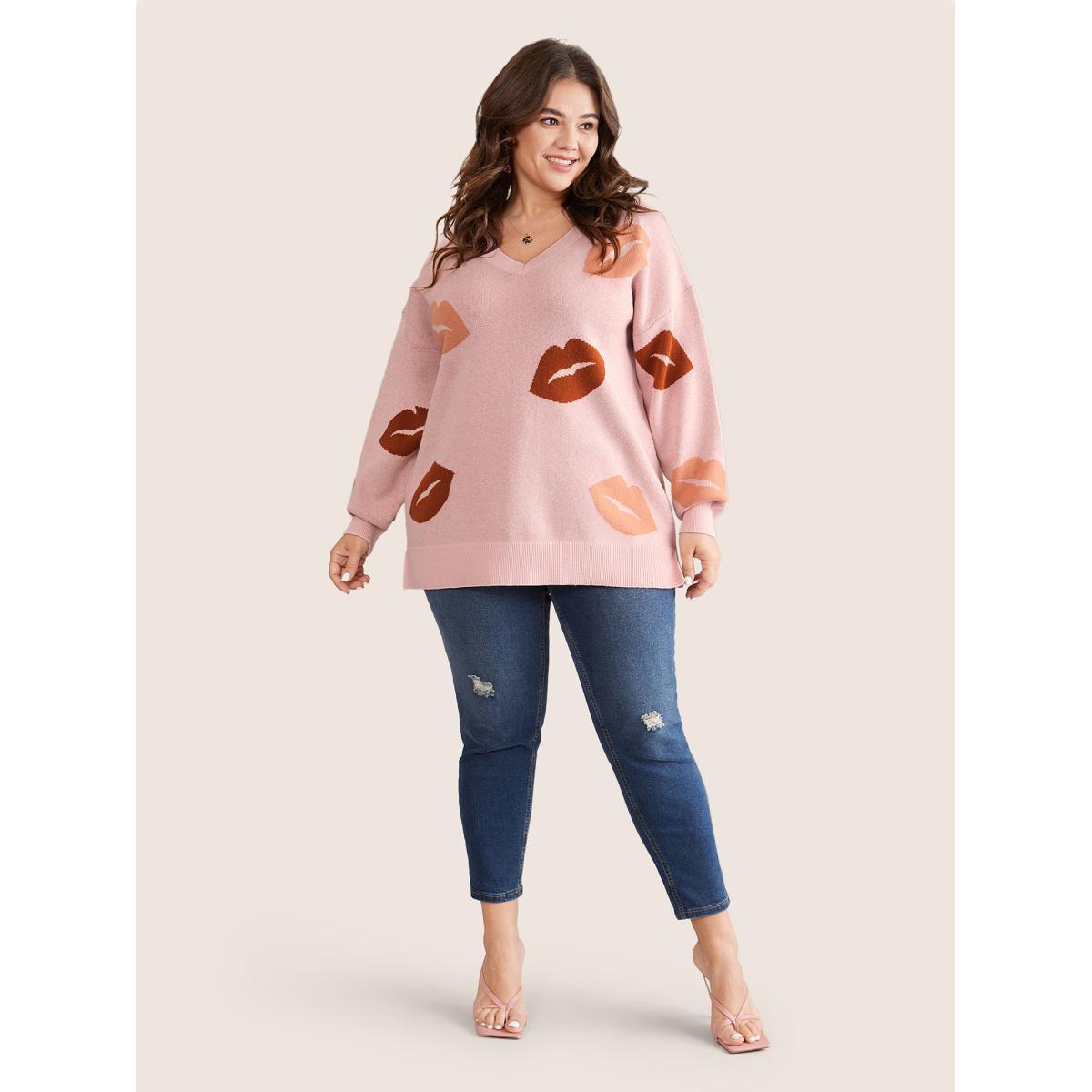Plus Size Supersoft Essentials Lip Print Split Side Pullover Crepe Women Casual Long Sleeve V-neck Everyday Pullovers BloomChic 12/L Product Image