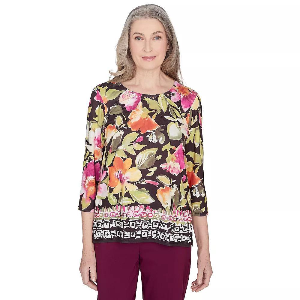 Petite Alfred Dunner Bold Floral Geometric Border Top, Women's, Size: Medium Petite, Multi Purple Product Image
