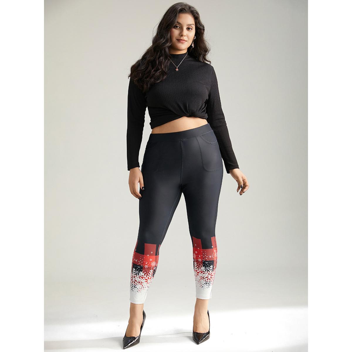 Plus Size Snowflakes Plaid Pocket Skinny Leggings Women Black Elegant High stretch Skinny High Rise Festival-Christmas Leggings BloomChic 12/L Product Image
