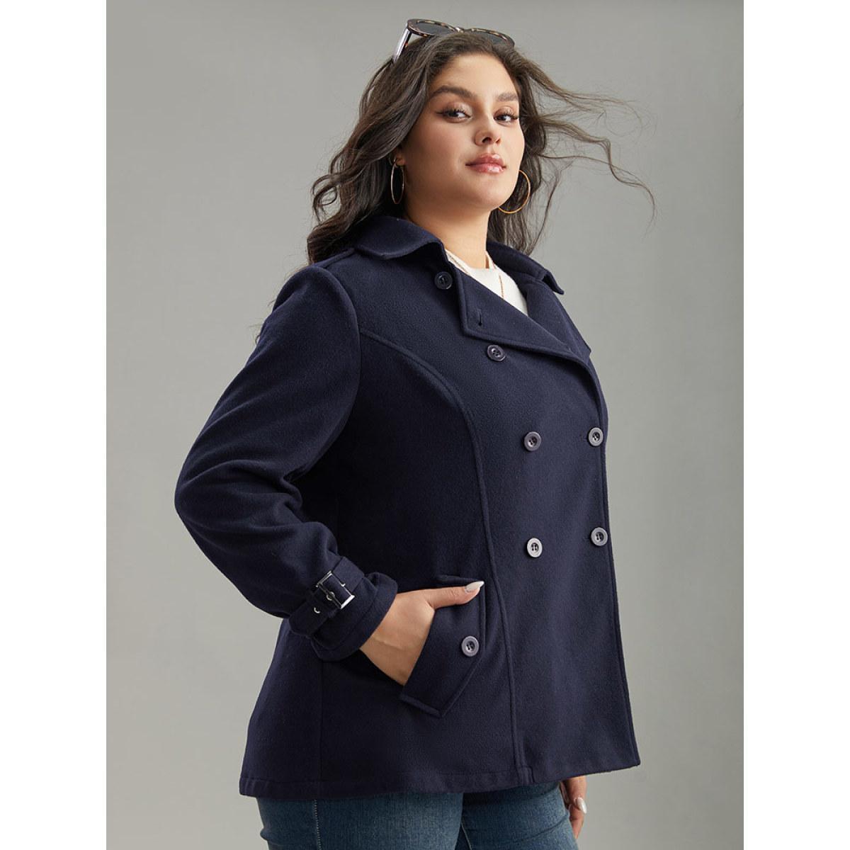Plus Size Solid Buckle Detail Cuffs Lapel Collar Coat Women Midnight Casual Plain Ladies Everyday Winter Coats BloomChic 26/4X Product Image