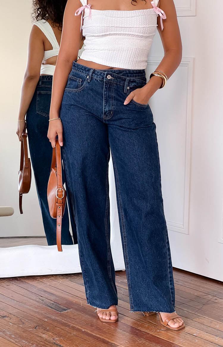 Kansis Dark Blue Uneven Waist Jeans Product Image