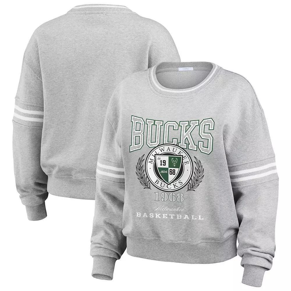 Women's WEAR by Erin Andrews Heather Gray Milwaukee Bucks French Terry Pullover Sweatshirt, Size: Medium, Grey Product Image