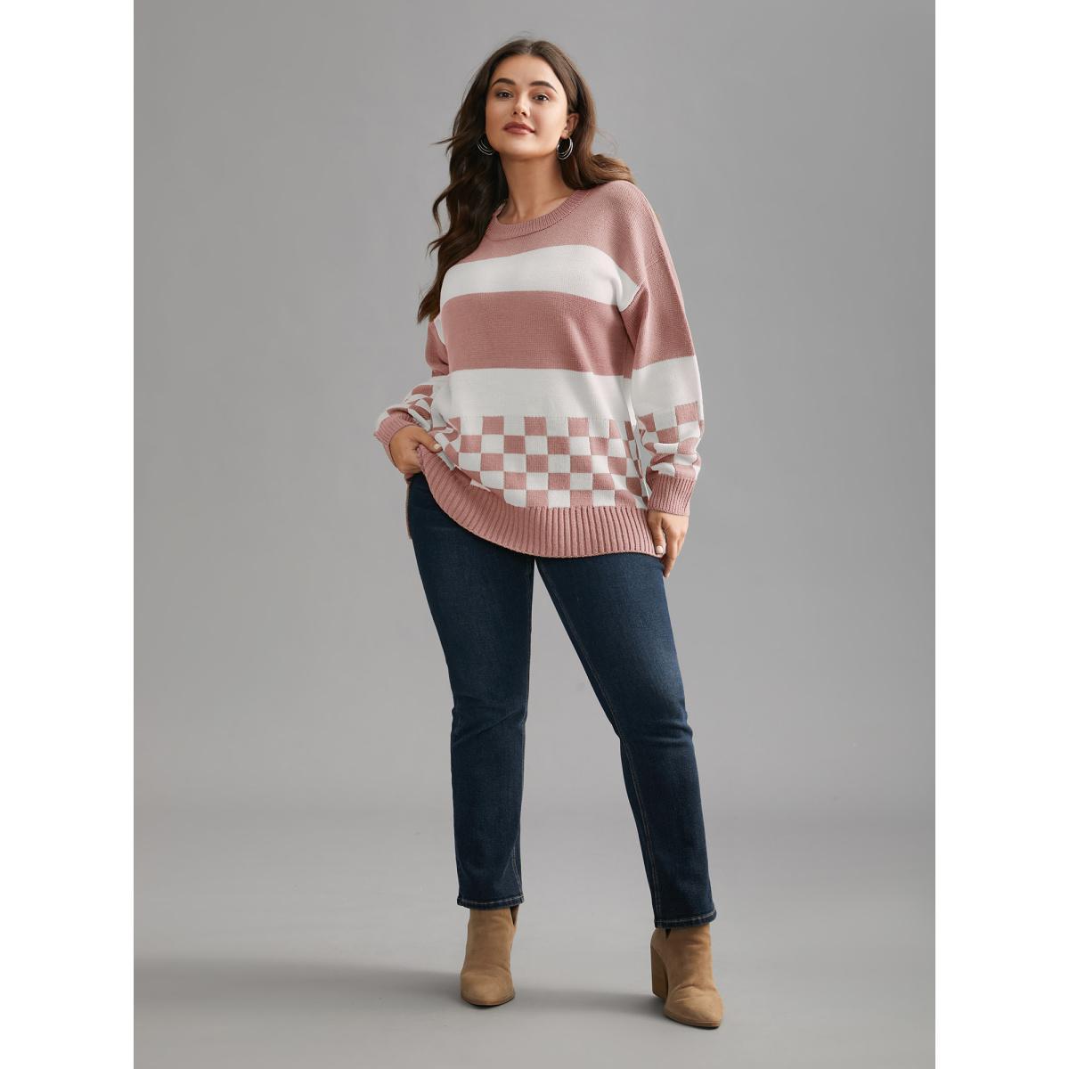 Plus Size Colorblock Contrast Round Neck Split Hem Pullover Crepe Women Casual Loose Long Sleeve Round Neck Everyday Pullovers BloomChic 30/6X Product Image