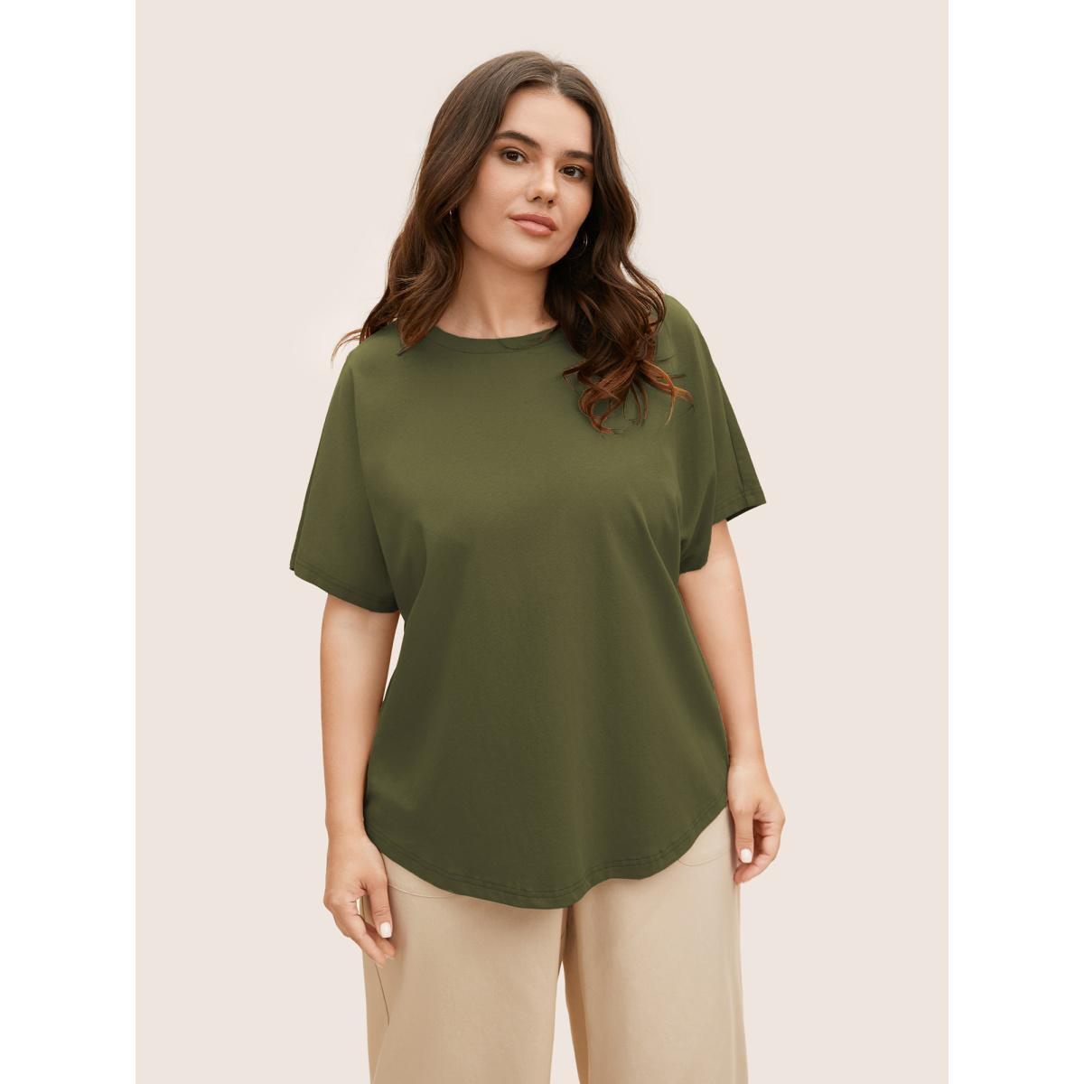 Plus Size Cotton Back Button Detail Dolman Sleeve T-shirt ArmyGreen Women Casual Button Round Neck Everyday T-shirts BloomChic 22-24/3X Product Image