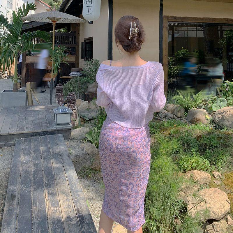 Spaghetti Strap Cowlneck Floral Slit Midi Dress / Cropped Cardigan Product Image