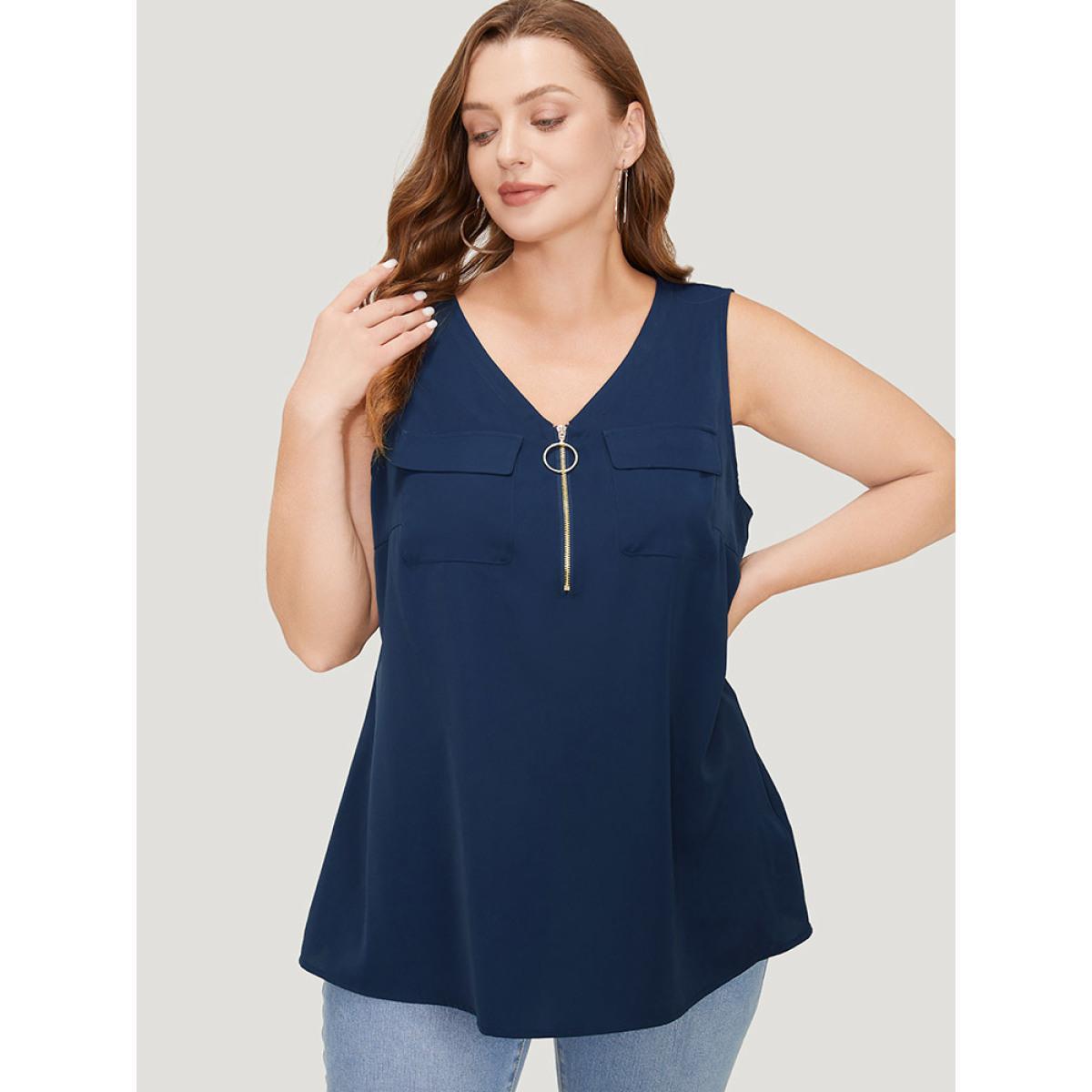 Plus Size Solid Half Zipper Flap Detail Tank Top Women Indigo Casual Zipper V-neck Dailywear Tank Tops Camis BloomChic 30/6X Product Image
