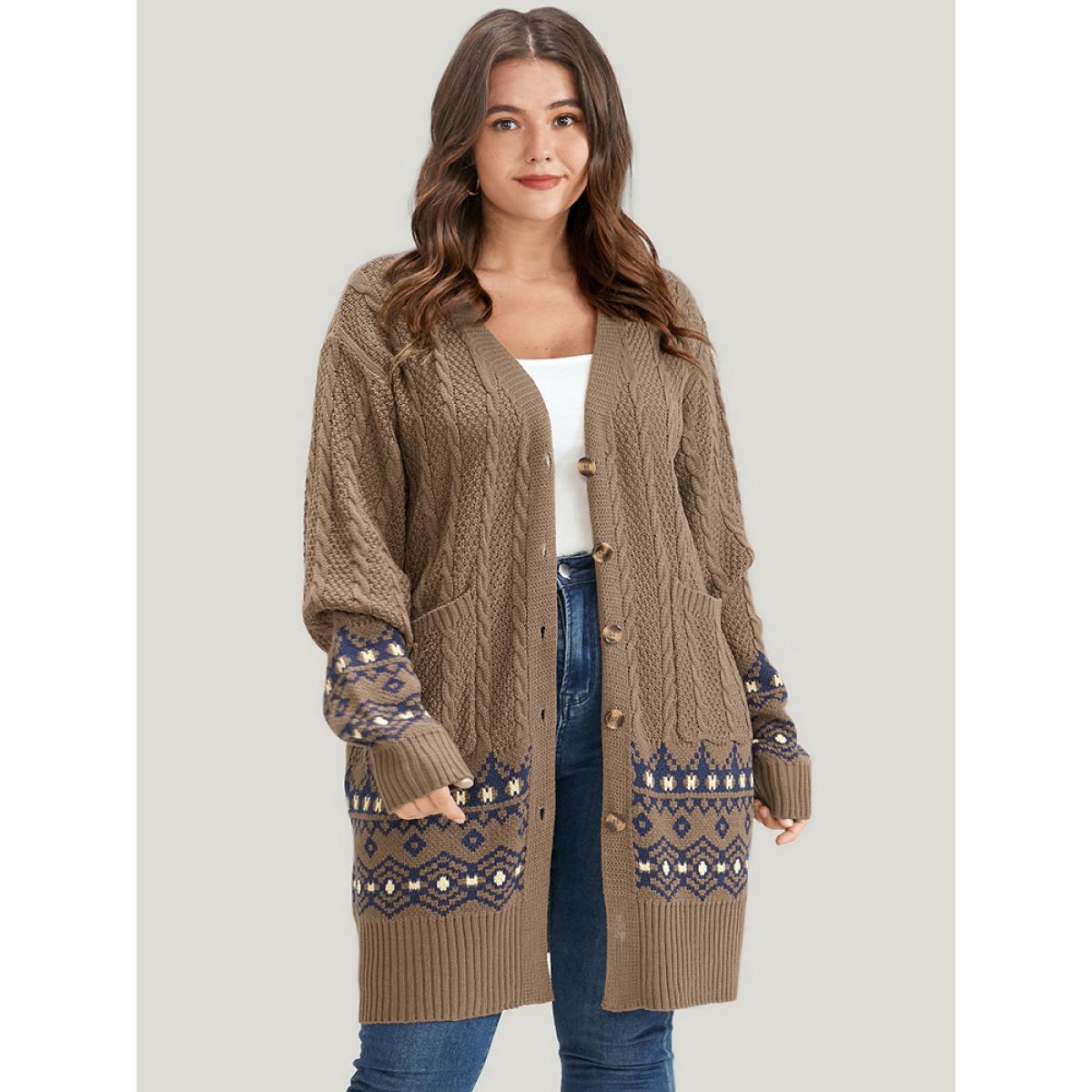 Plus Size Geometric Contrast Pointelle Knit Pocket Cable Knit Button Front Cardigan Bronze Women Elegant Loose Long Sleeve Dailywear Cardigans BloomChic 10/M Product Image