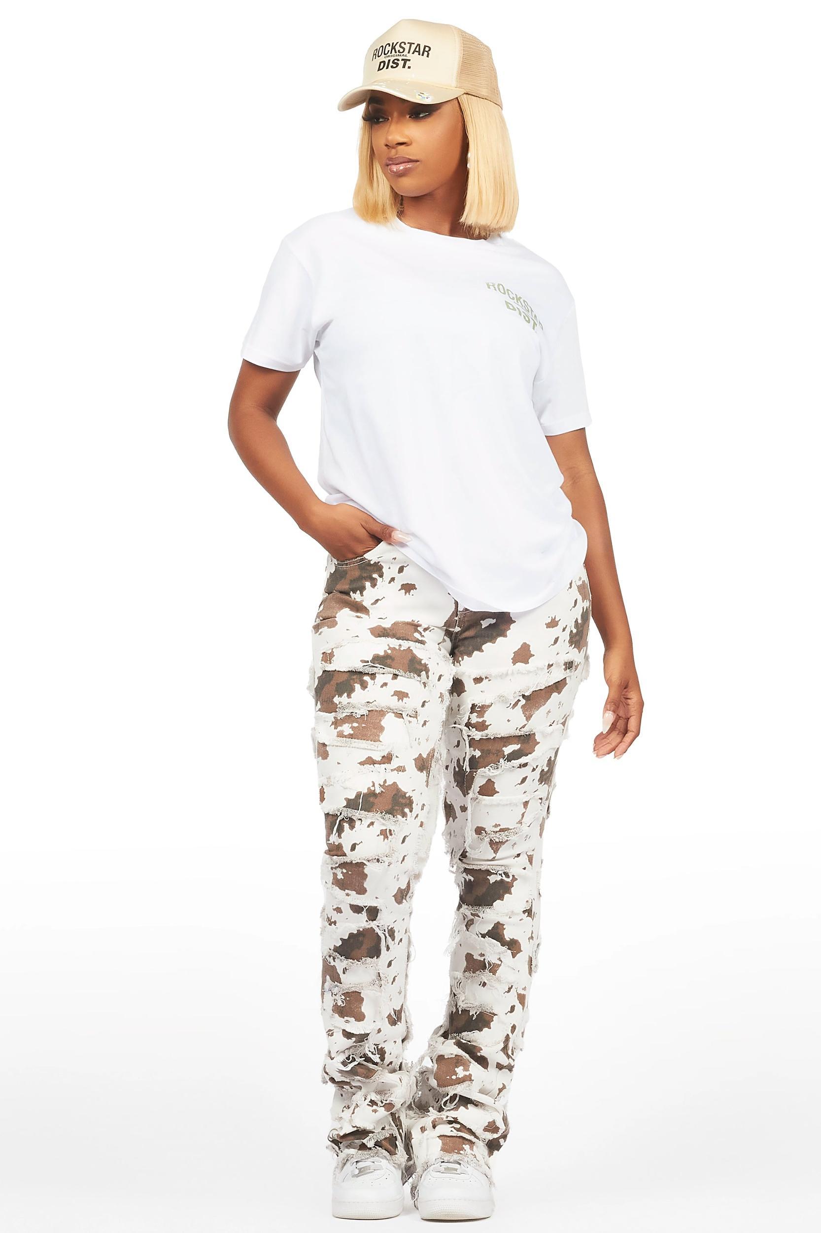 Zariyah Cow Print Stacked Flare Jean Female Product Image