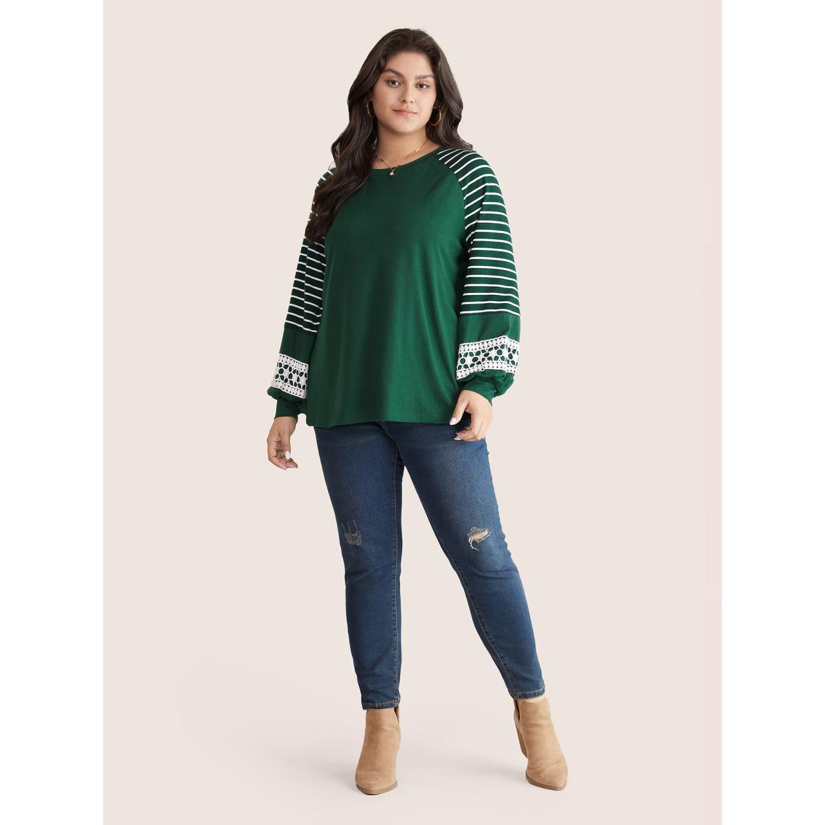 Plus Size Striped Guipure Lace Raglan Sleeve T-shirt DarkGreen Women Elegant Plain Striped Round Neck Dailywear T-shirts BloomChic 12/L Product Image