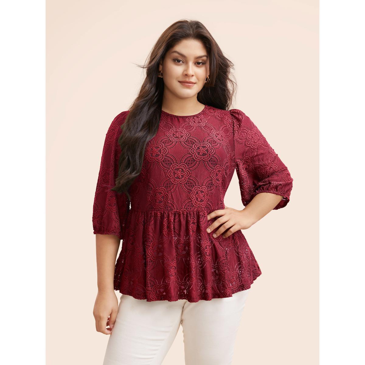 Plus Size Rust Crew Neck Crochet Lace Lantern Sleeve Blouse Women Elegant Elbow-length sleeve Round Neck Everyday Blouses BloomChic 26/4X Product Image