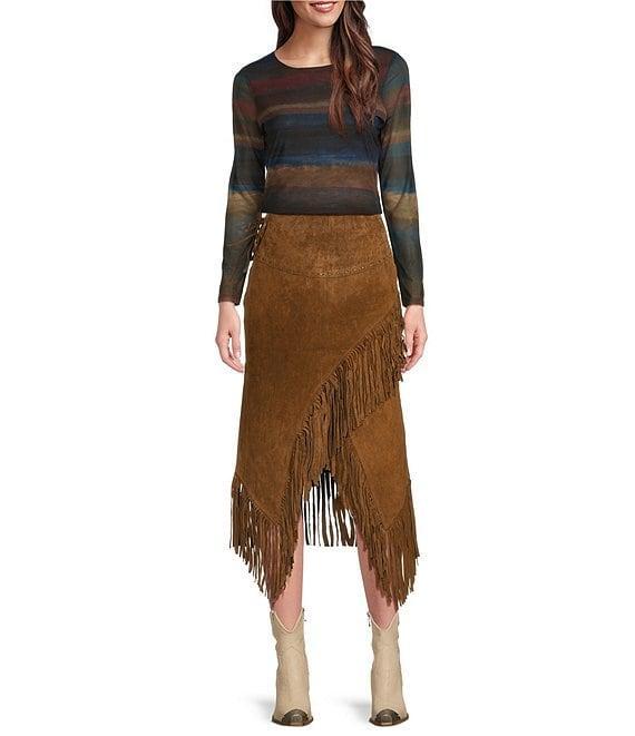 Scully Suede Leather High Rise Wrap Fringe Midi Skirt Product Image