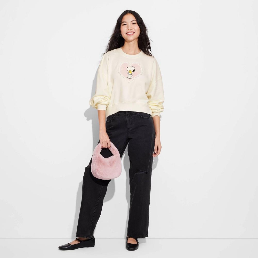 Womens Valentines Day Snoopy and Woodstock Heart Graphic Sweatshirt - Off-White Product Image