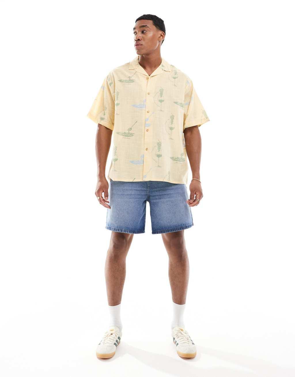 ASOS DESIGN oversized camp collar shirt with wine and pasta print Product Image