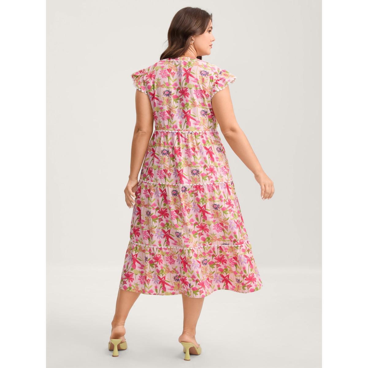 Plus Size Floral Color Block Lace Trim Midi Dress Blush Women Woven ribbon&lace trim Notched collar Cap Sleeve Curvy BloomChic 28/5X Product Image