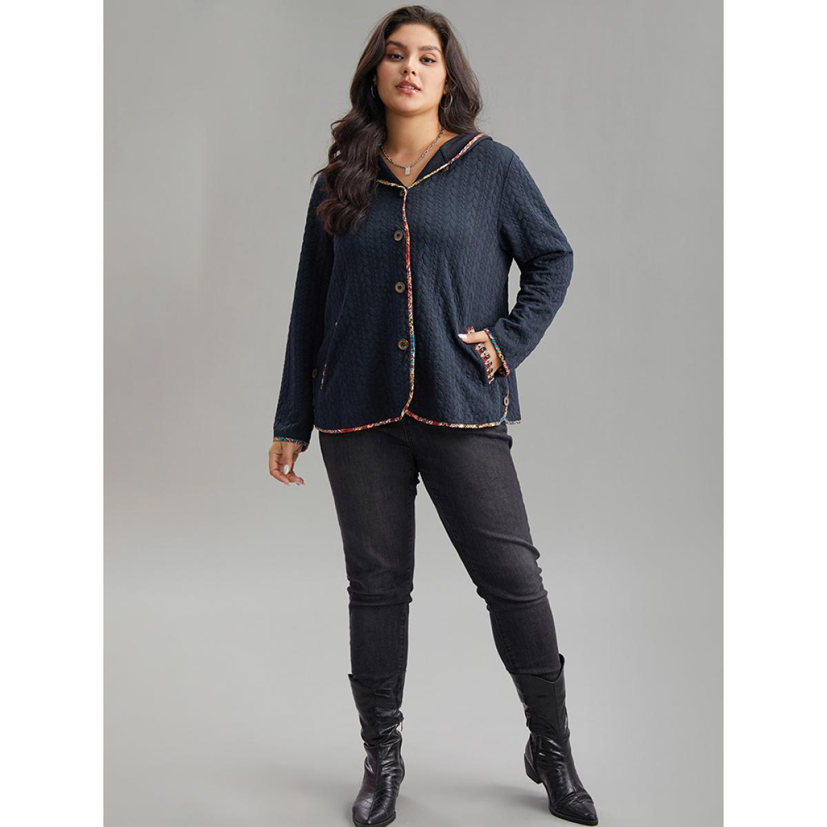 Plus Size Texture Pocket Patchwork Button Detail Jacket Women DarkBlue Texture Pocket Everyday Jackets BloomChic 10/M Product Image