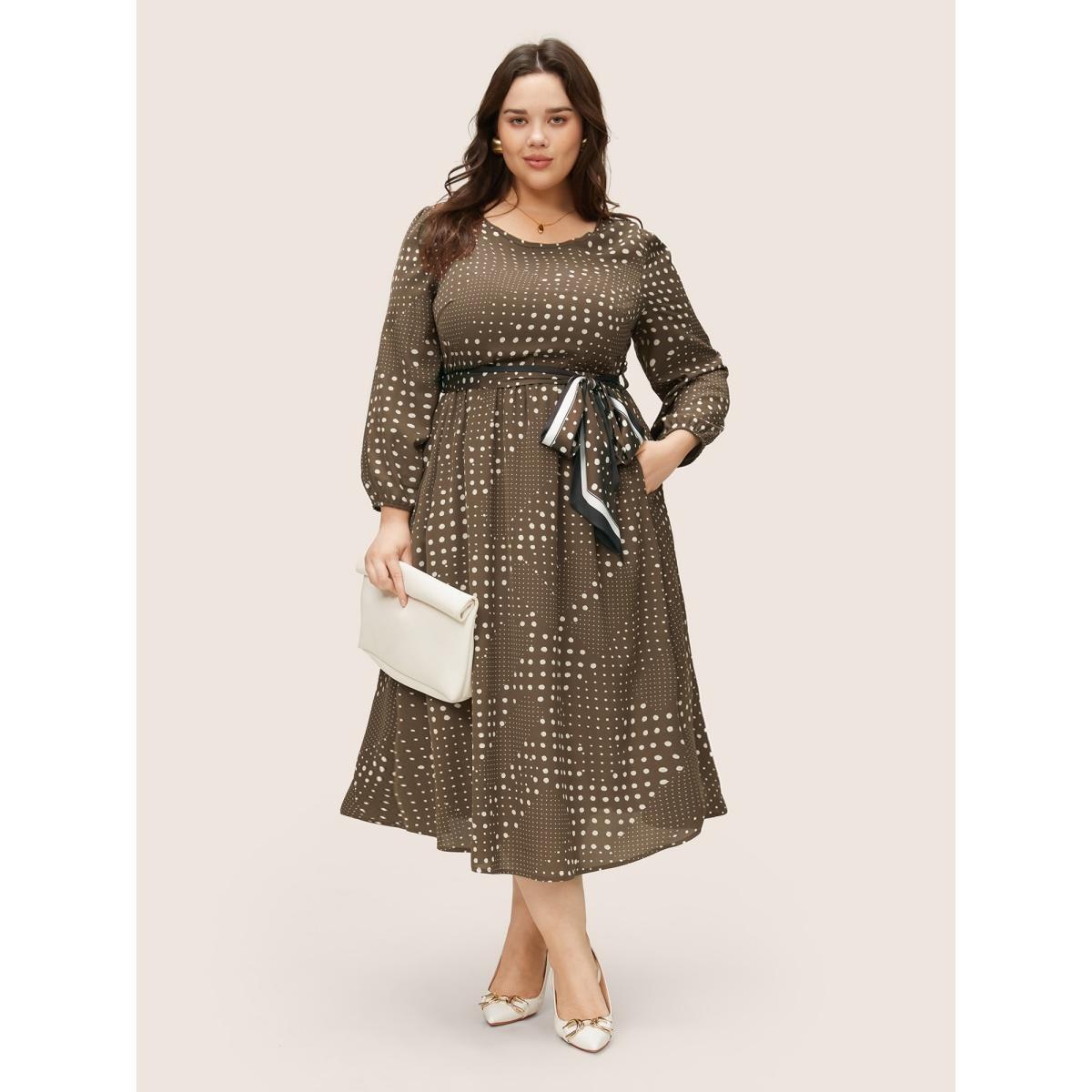 Plus Size Polka Dot Scarf Belted Keyhole Lantern Sleeve Dress DarkBrown Women At the Office Non Round Neck Long Sleeve Curvy Midi Dress BloomChic 10/M Product Image