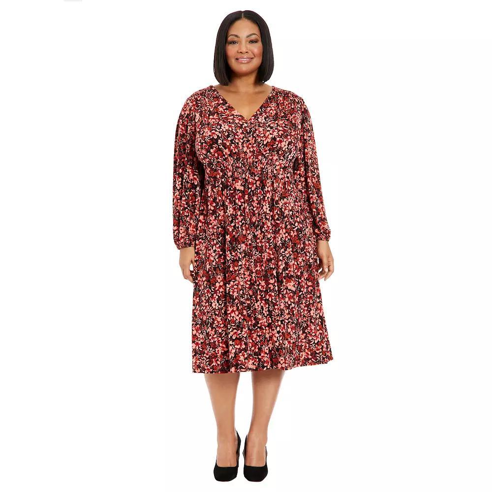 Plus Size London Times V-Neck Smocked Waist Midi Dress, Womens Product Image