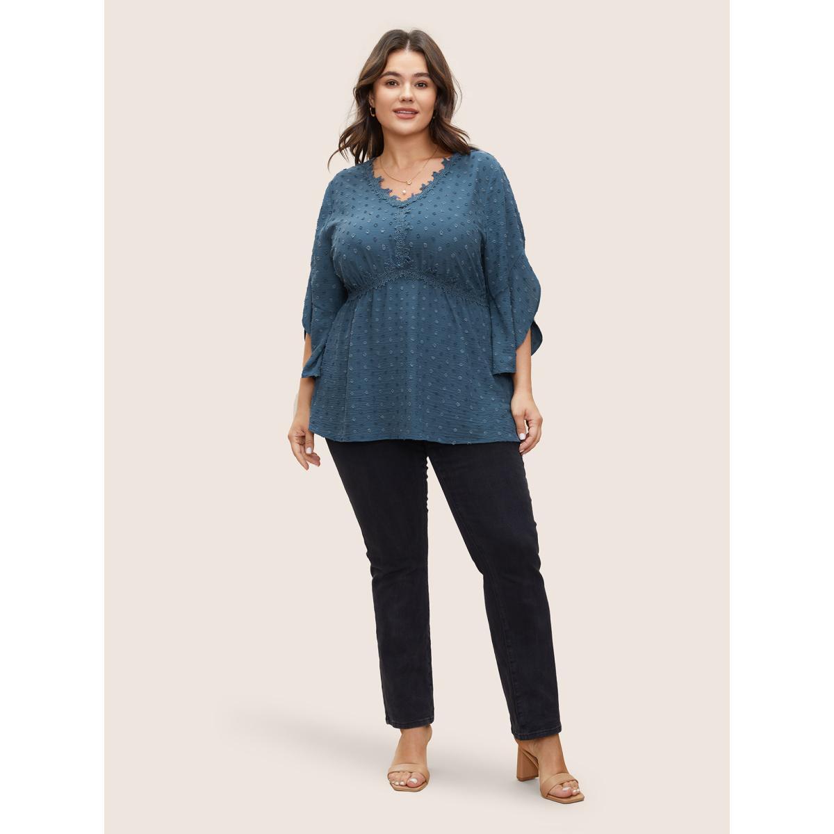 Plus Size Stone Polka Dot Textured Petal Sleeve Lace Trim Blouse Women Elegant Half Sleeve V-neck Work Blouses BloomChic 22-24/3X Product Image
