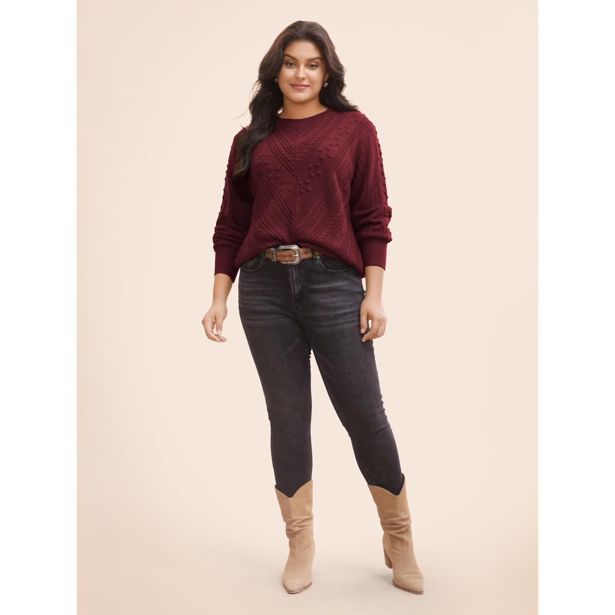 Plus Size Solid Round Neck Cable Knit Pullover Scarlet Women Casual Long Sleeve Round Neck Everyday Pullovers BloomChic 12/L Product Image
