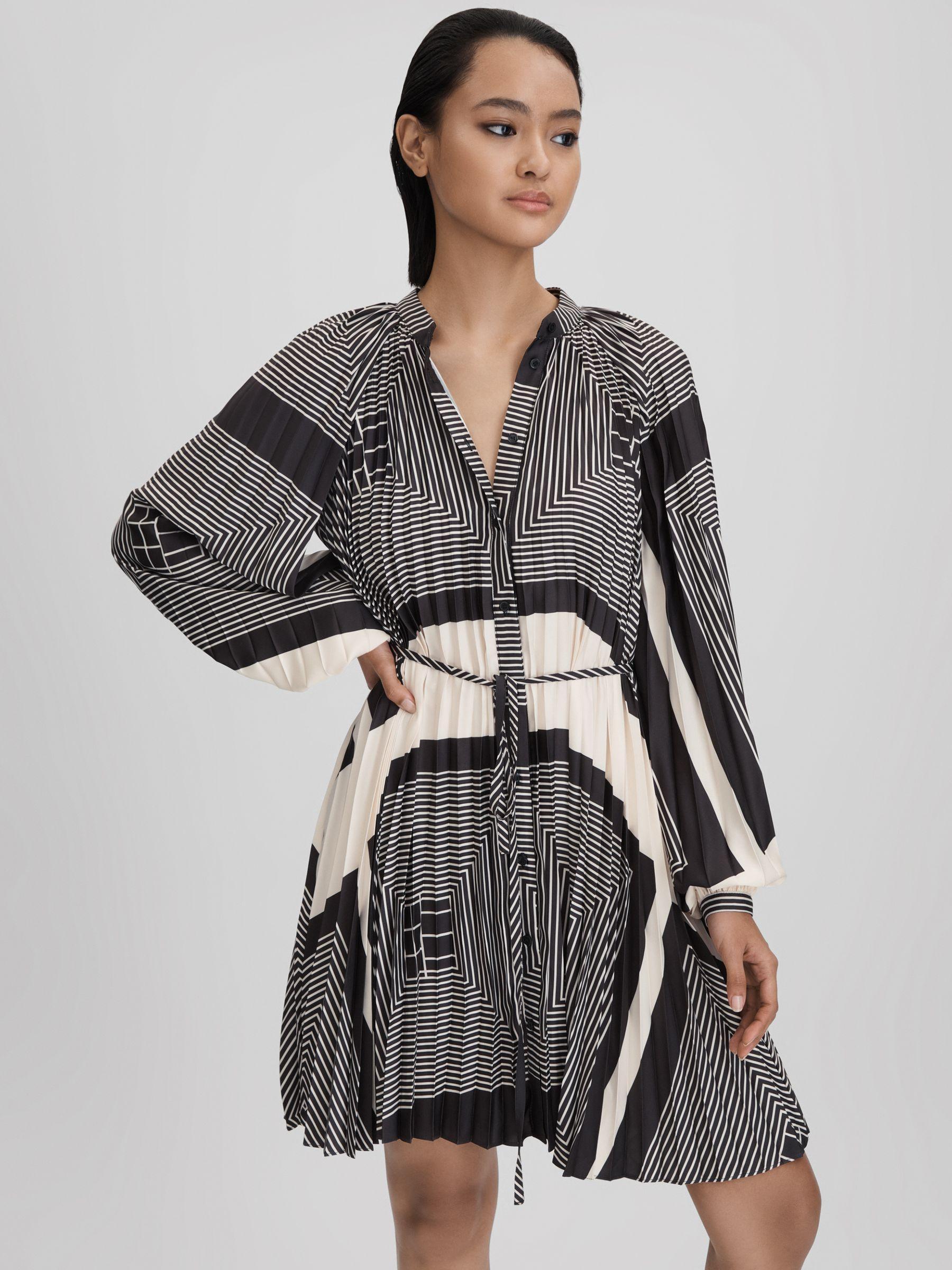 Printed Pleated Mini Dress in Black/White Product Image