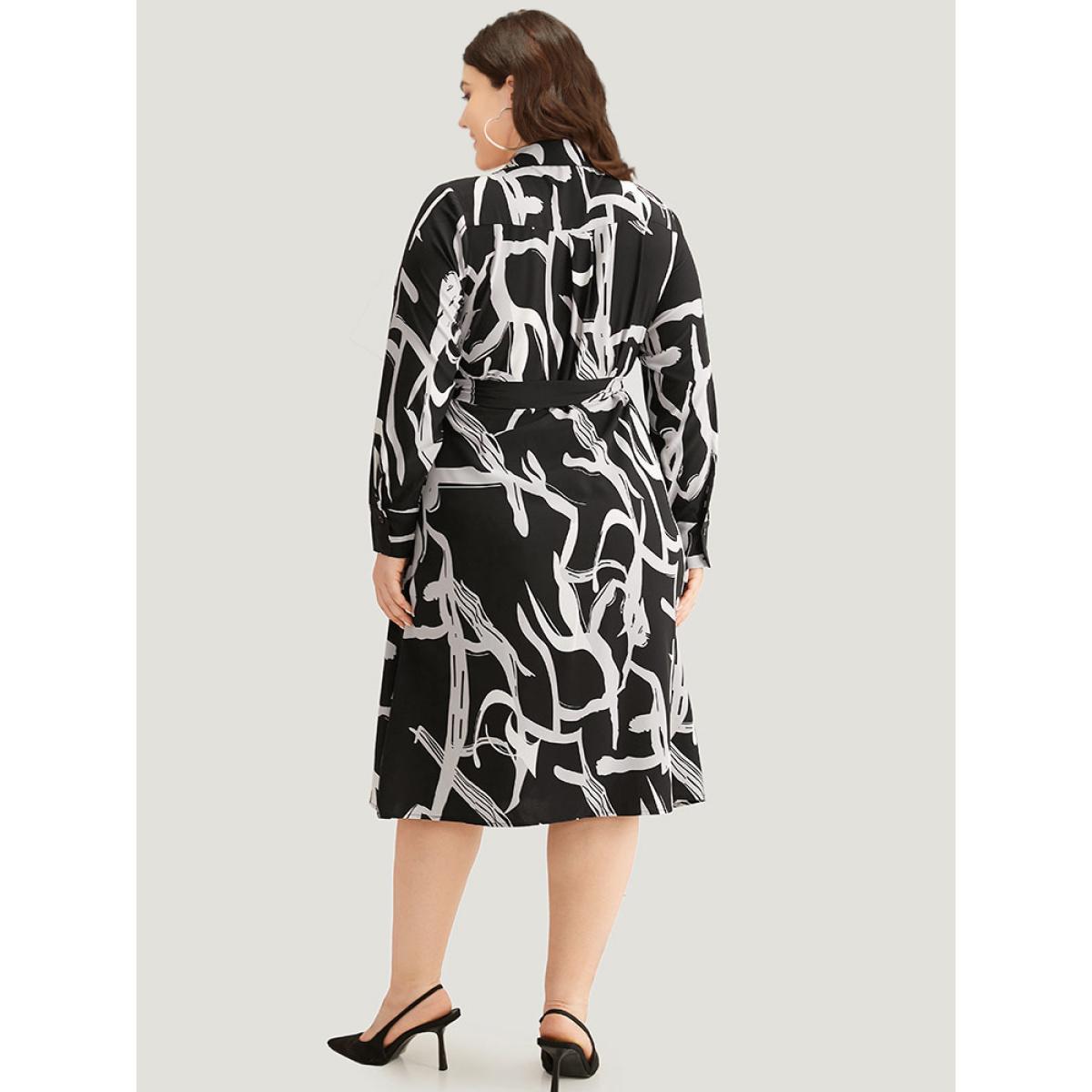 Plus Size Geometric Print Pocket Wrap Ties Dress BlackFlower Women Office Wrap V-neck Long Sleeve Curvy Midi Dress BloomChic 28/5X Product Image