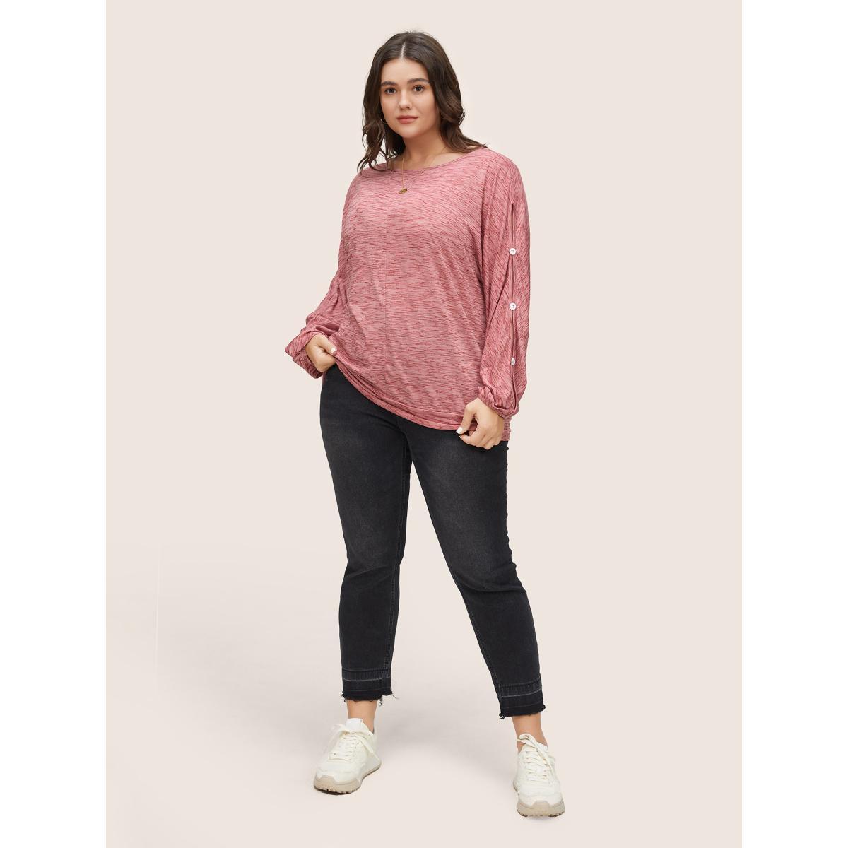 Plus Size Heather Button Detail Dolman Sleeve T-shirt Rouge Women Casual Non Plain Round Neck Everyday T-shirts BloomChic 12/L Product Image