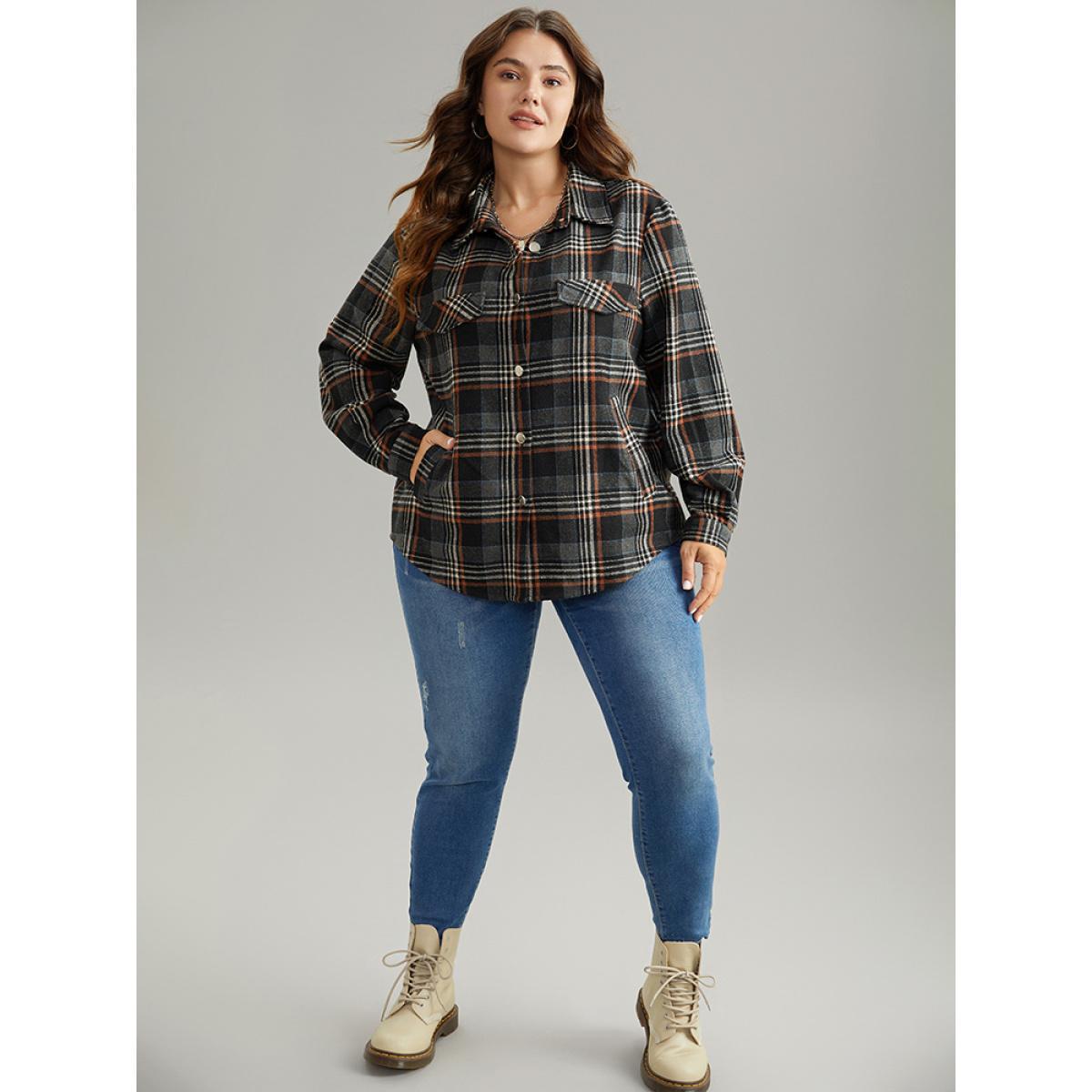 Plus Size Plaid Button Fly Flap Pocket Shacket Women Black Contrast Pocket Dailywear Jackets BloomChic 12/L Product Image