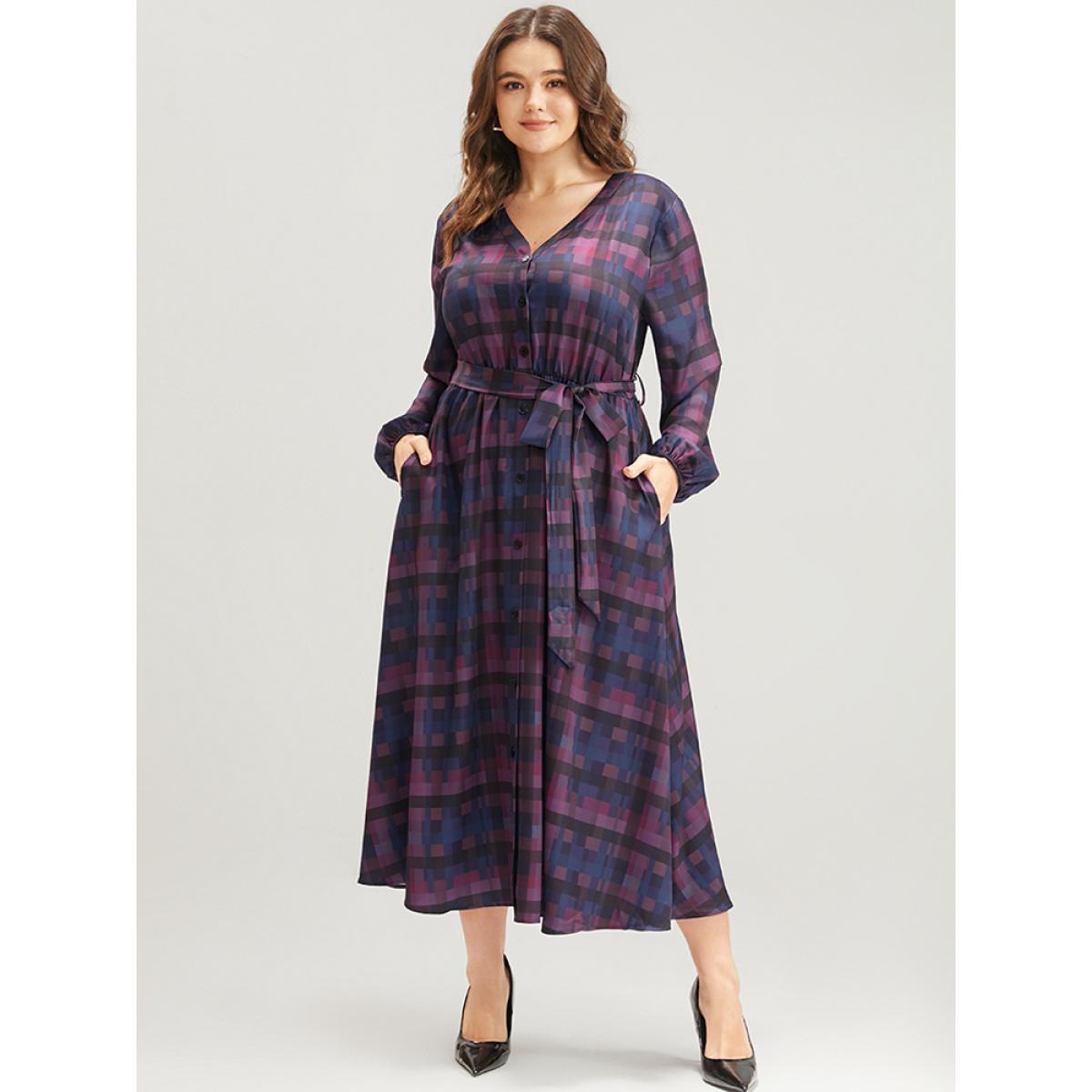 Plus Size Plaid Contrast Button Up Pocket Lantern Sleeve Belted Dress Multicolor Women Elegant Button V-neck Long Sleeve Curvy Midi Dress BloomChic 10/M Product Image