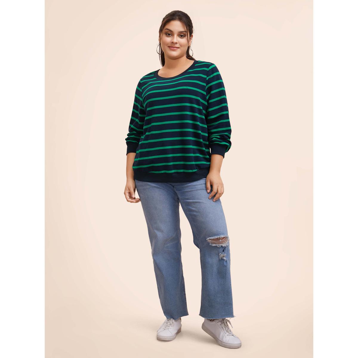 Plus Size Round Neck Striped Stretchy Sweatshirt Women Midnight Casual Contrast Round Neck Everyday Sweatshirts BloomChic 28/5X Product Image