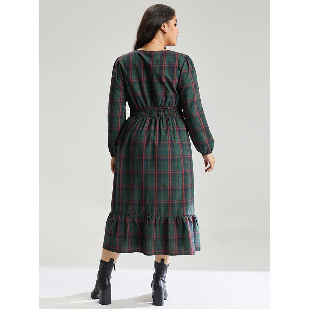 Plus Size Plaid Shirred Button Detail Ruffle Hem Dress Multicolor Women Office Elastic cuffs V-neck Long Sleeve Curvy Midi Dress BloomChic 10/M Product Image
