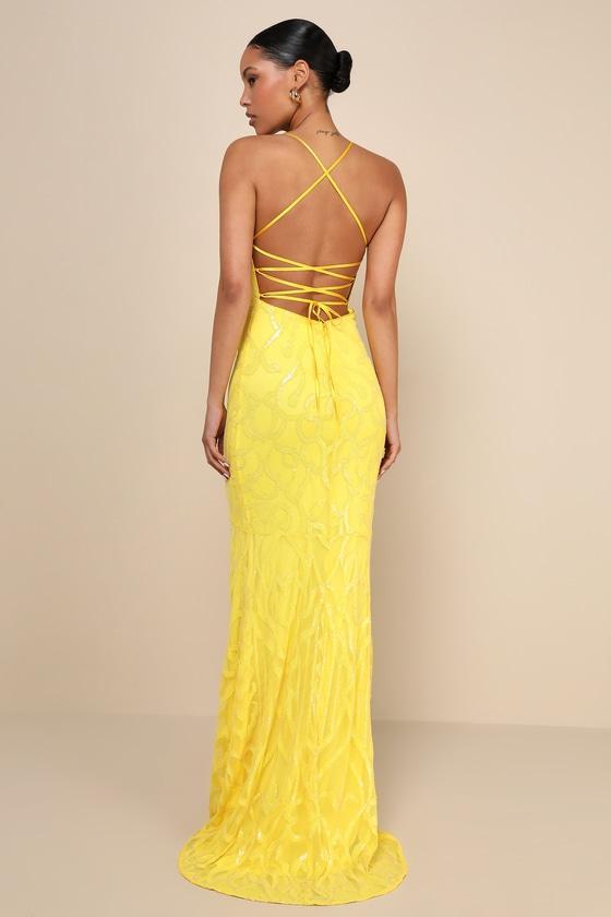 Perfect Enchantment Yellow Sequin Lace-Up Mermaid Maxi Dress Product Image
