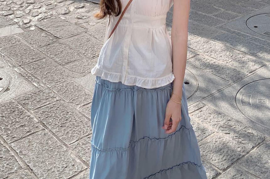 Plain Ruffle Button Cami Top / High Waist Plain Tiered Maxi A-Line Skirt Product Image