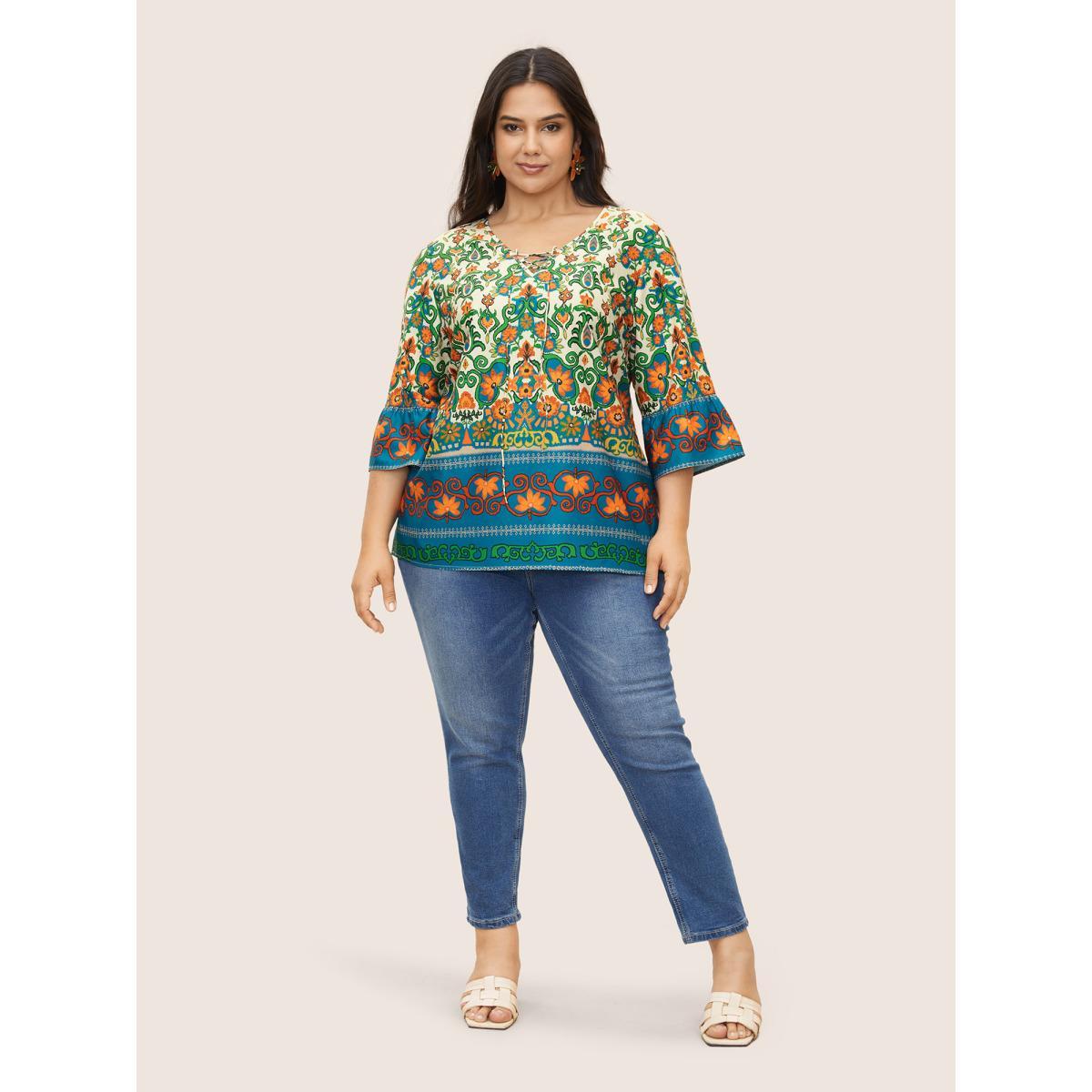 Plus Size DarkBlue Boho Print Lace Up Bell Sleeve Blouse Women Resort Half Sleeve V-neck Vacation Blouses BloomChic 26/4X Product Image