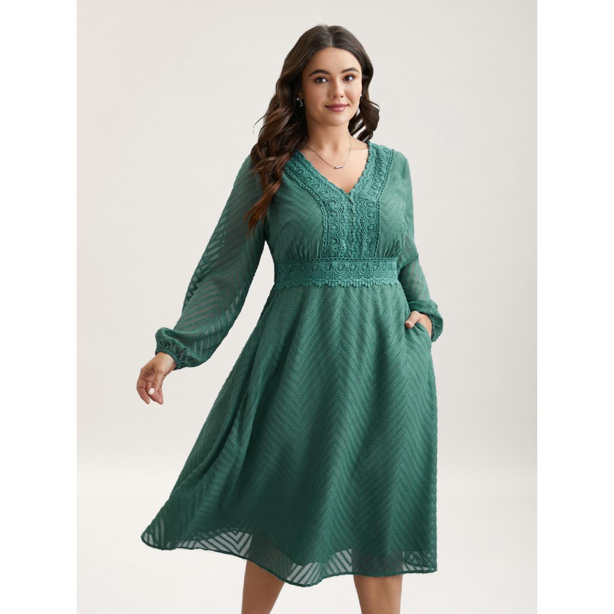 Plus Size Sheer Textured Lace Detail Pockets Midi Dress Teal Women Elegant Woven ribbon&lace trim V-neck Long Sleeve Curvy BloomChic 26/4X Product Image