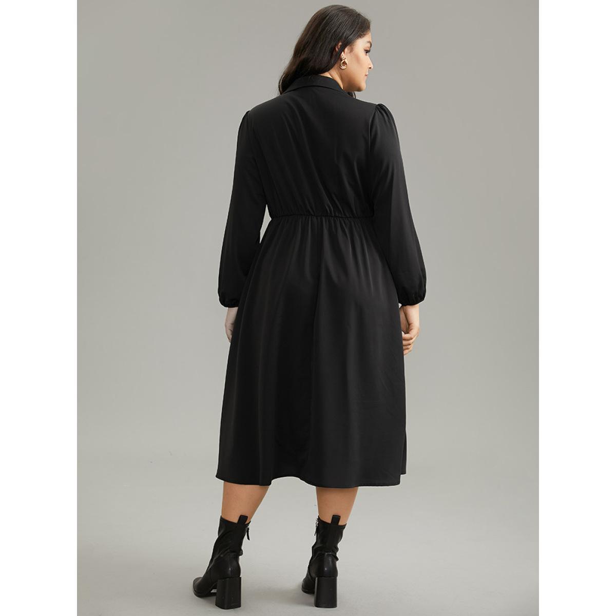 Plus Size Static-Free Plain Button Detail Lantern Sleeve Dress Black Women Office Elastic cuffs Shirt collar Long Sleeve Curvy Midi Dress BloomChic 28/5X Product Image