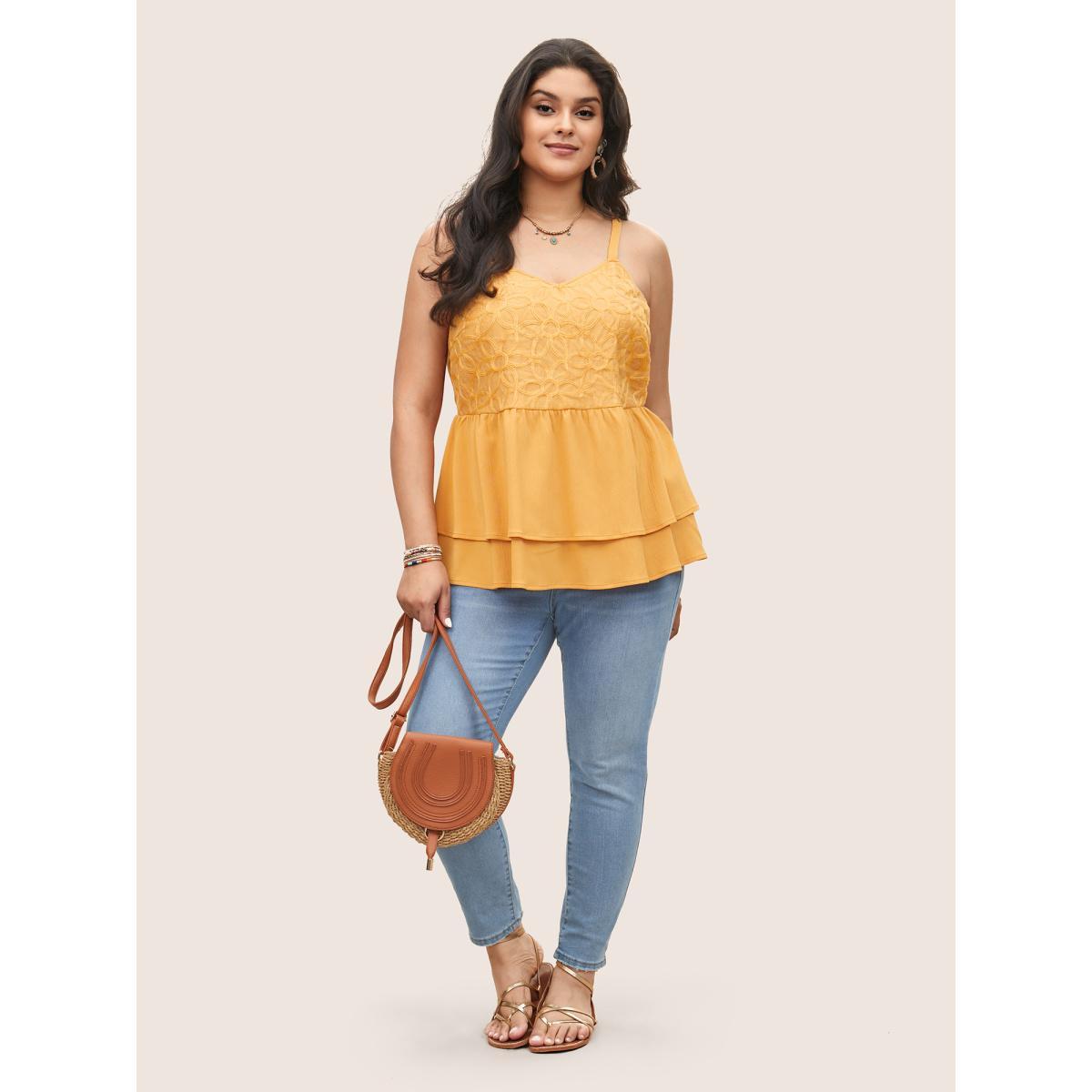 Plus Size Floral Texture Ruffle Layered Hem Cami Top Women Orange Resort Woven ribbon&lace trim Non Vacation Tank Tops Camis BloomChic 10/M Product Image
