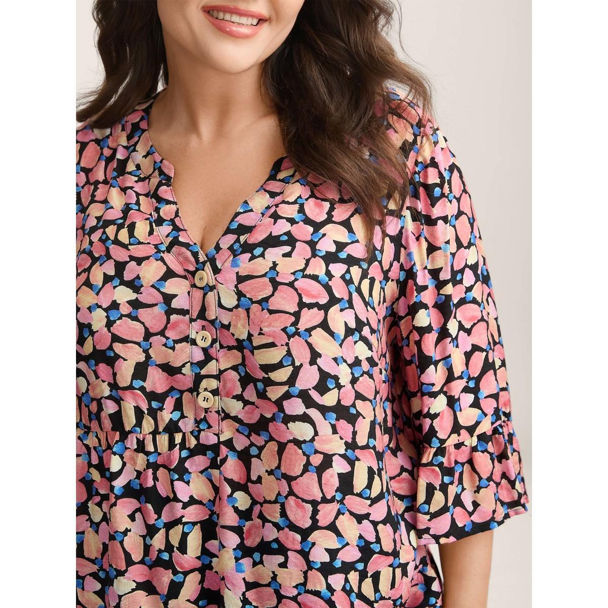 Plus Size Black Floral Notched Collar Button Detail Blouse Women Elbow-length sleeve Flat collar with V-notch Everyday-Casual Blouses BloomChic 18-20/2X Product Image