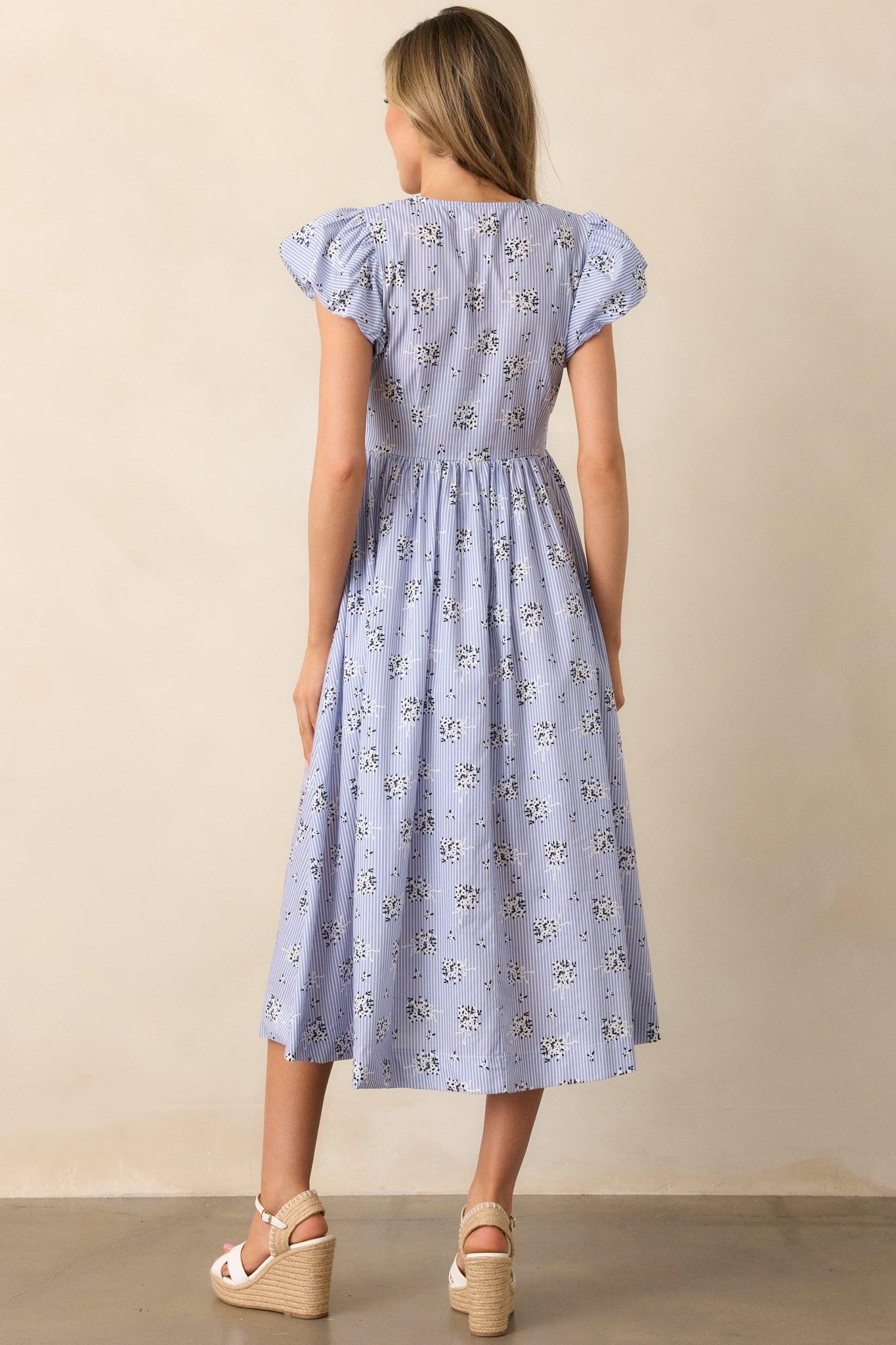On A Good Note Blue Stripe Floral Cotton Midi Dress Product Image