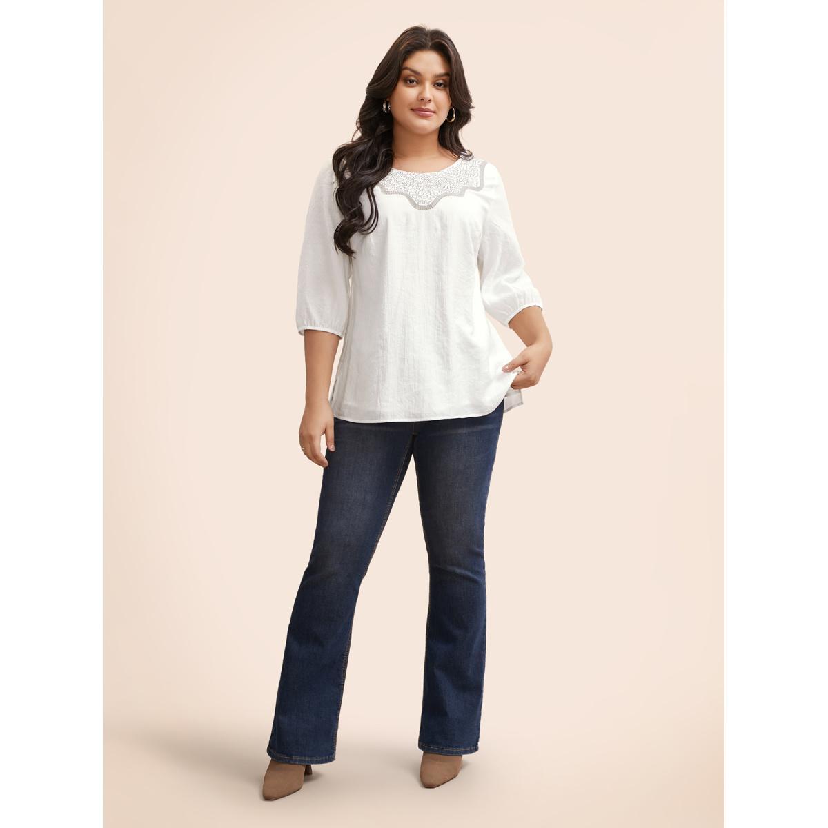 Plus Size WhiteSmoke Crew Neck Floral Embroidered Gathered Blouse Women Elegant Elbow-length sleeve Round Neck Everyday Blouses BloomChic 22-24/3X Product Image