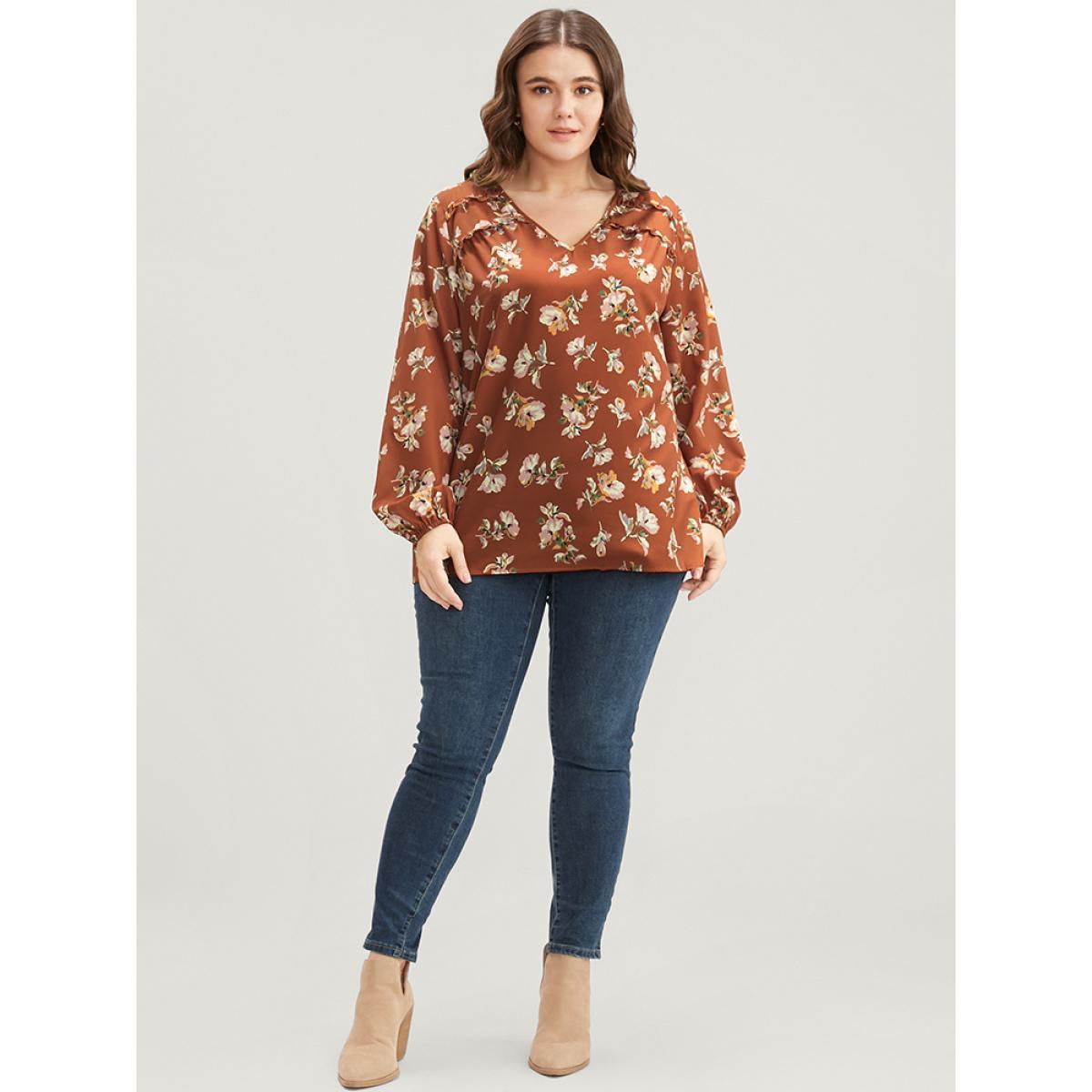 Plus Size Bronze Floral V Neck Ruffles Trim Lantern Sleeve Blouse Women Elegant Long Sleeve V-neck Dailywear Blouses BloomChic 14-16/1X Product Image