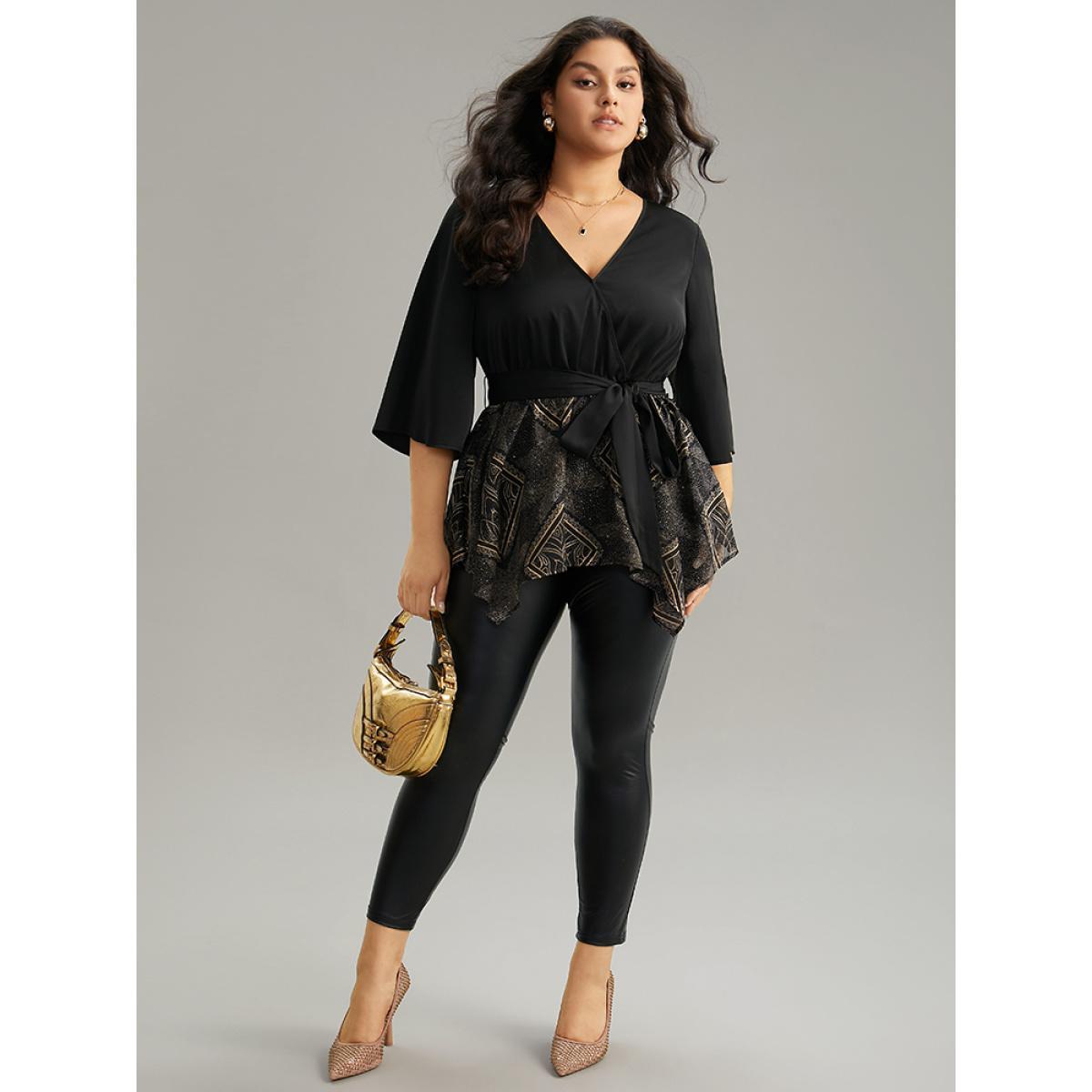 Plus Size Black Boho Print Chiffon Belted Patchwork Hanky Hem Blouse Women Glamour Elbow-length sleeve V-neck Going out Blouses BloomChic 28/5X Product Image
