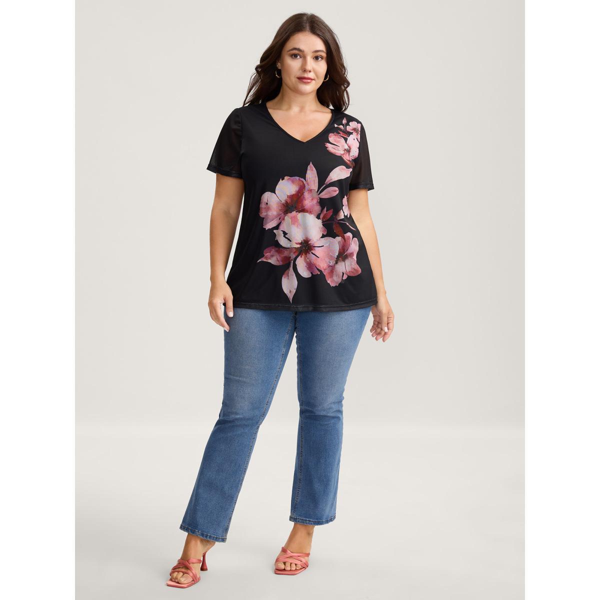 Plus Size Romantic Floral Motif Sheer Knit T-Shirt Black Women Contrast Natural Flowers V-neck Everyday-Elegant T-shirts BloomChic 12/L Product Image