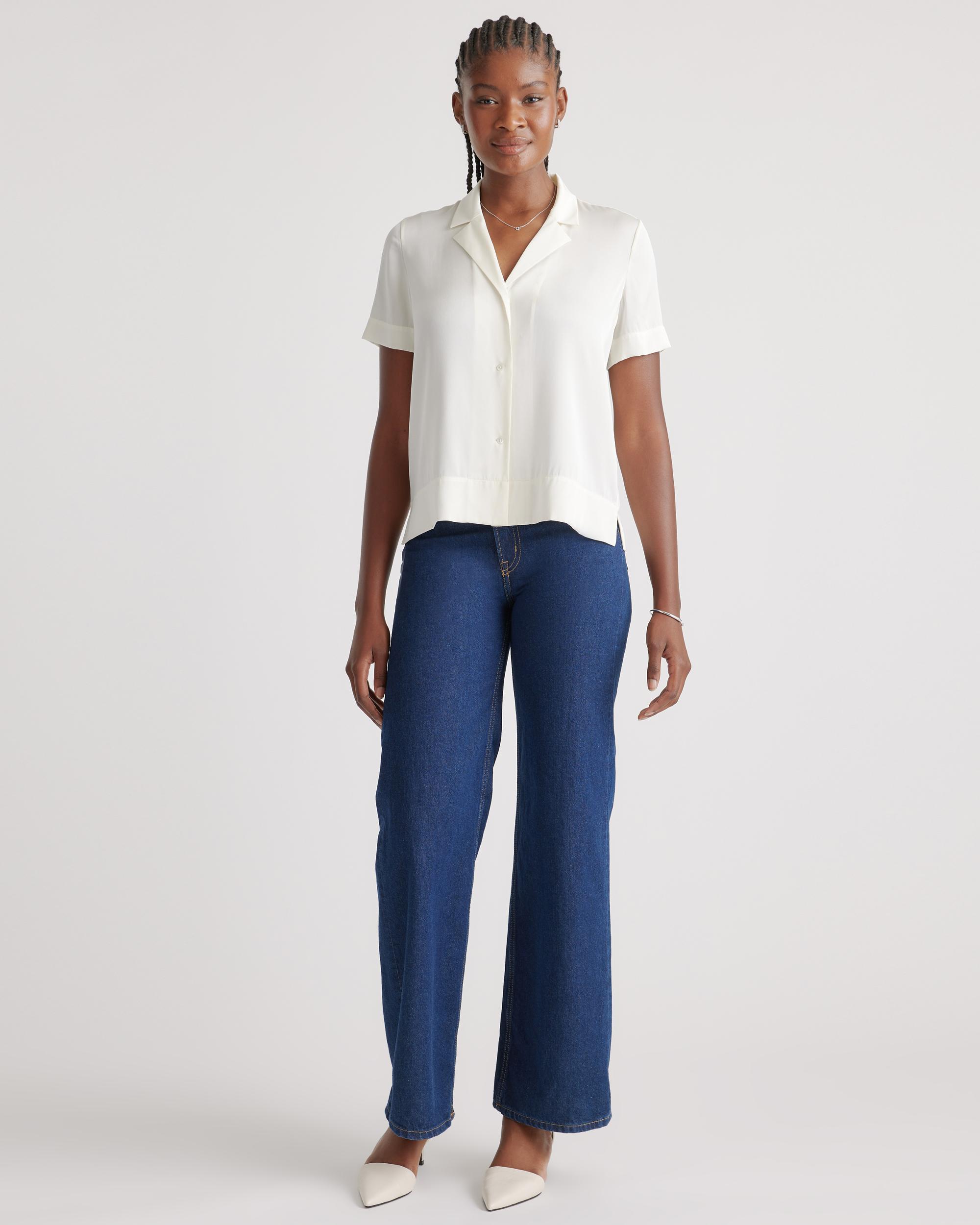 Quince | Women's Washable Stretch Silk Short Sleeve Notch Collar Blouse Mulberry Silk Product Image