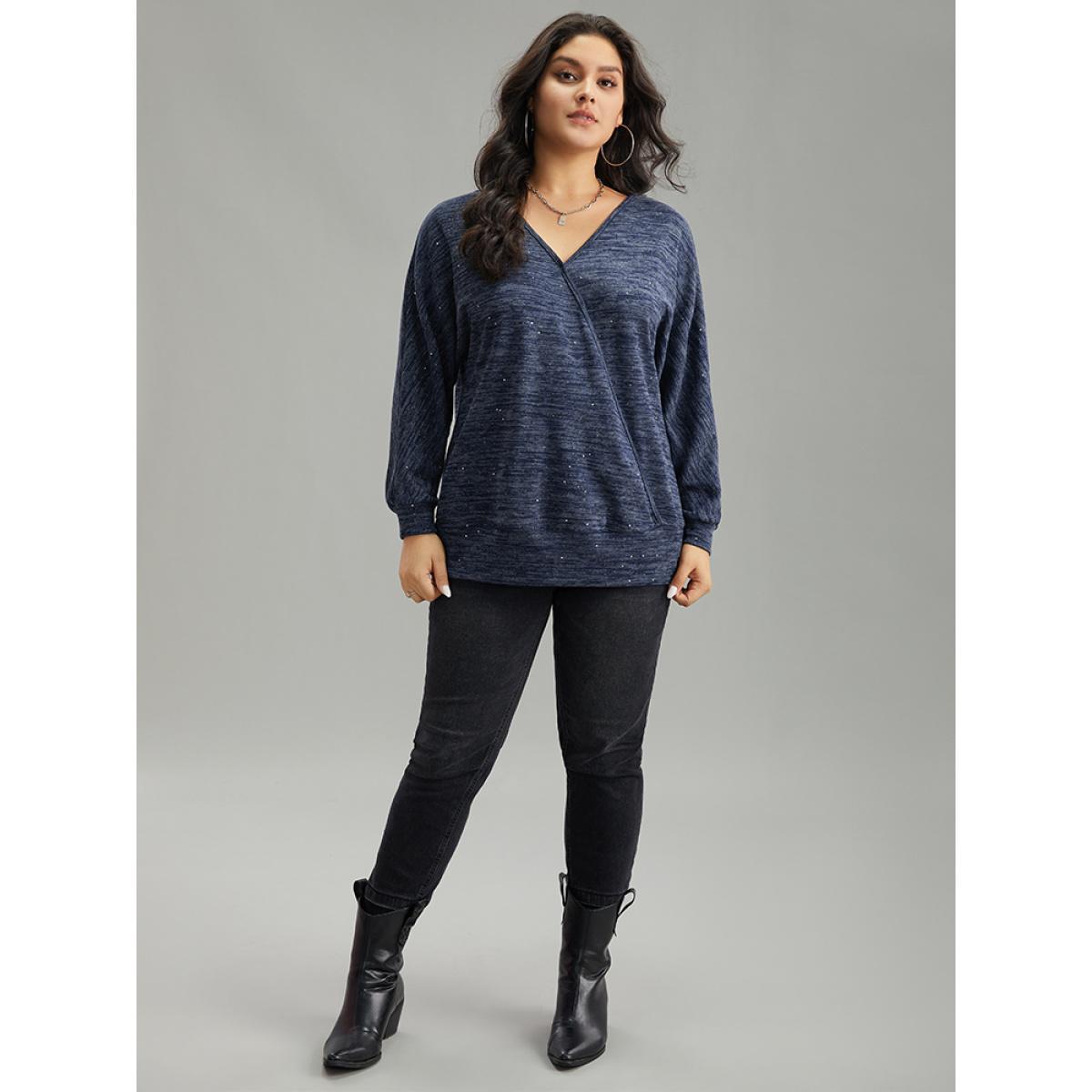 Plus Size Solid Heather V Neck Sequin T-shirt Blue Women Casual Texture Plain V-neck Everyday T-shirts BloomChic 26/4X Product Image