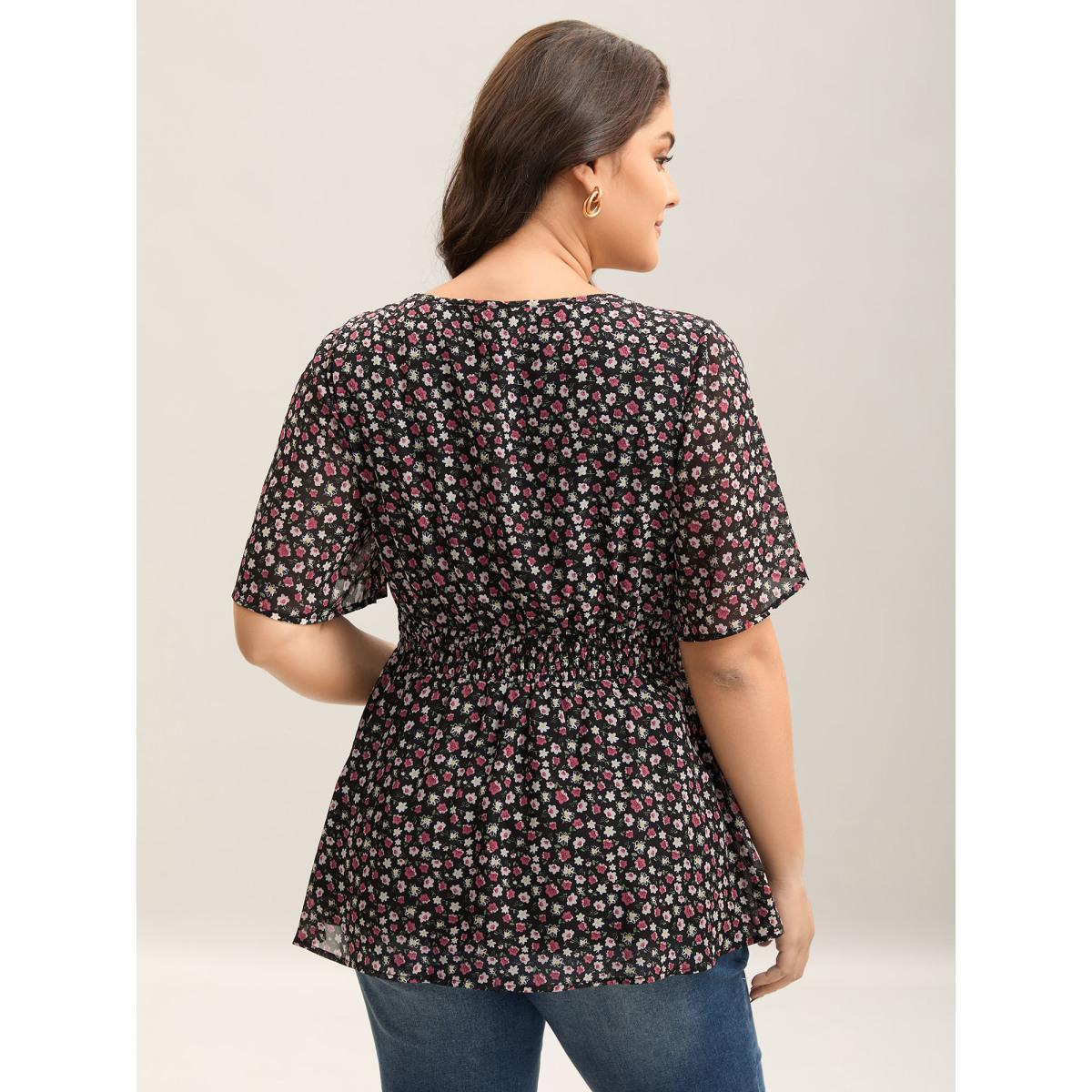 Plus Size Black Floral Print Shirred Waist Cinched Shirt Women Elegant Half Sleeve V-neck Everyday Blouses BloomChic 26/4X Product Image